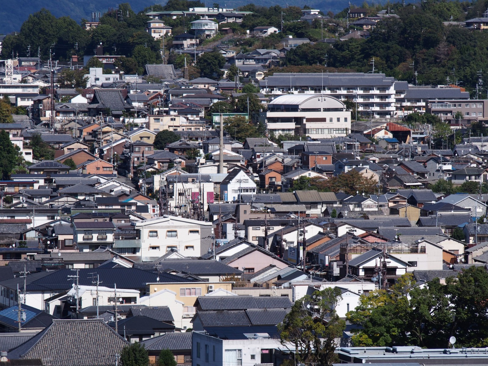 京街道沿い（きたまち）の町家群などを奈良県庁屋上から望む